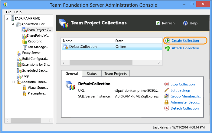 Screenshot of the TFS Administration Console, Create a project collection.
