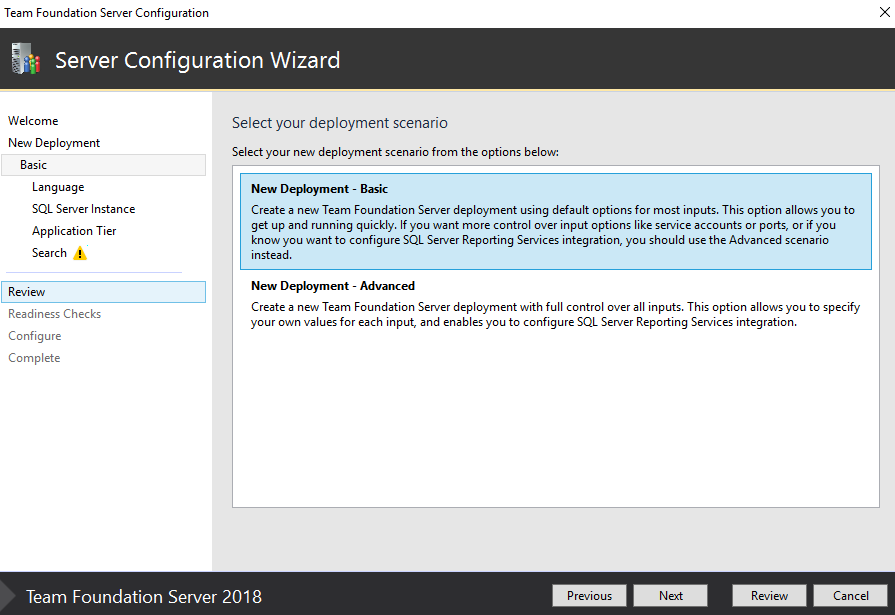 Screenshot of Server Configure Wizard, New deployment, Basic option selected, TFS-2018. 