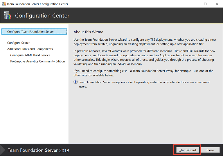 Screenshot of Configuration Center, Start Wizard, TFS 2018.
