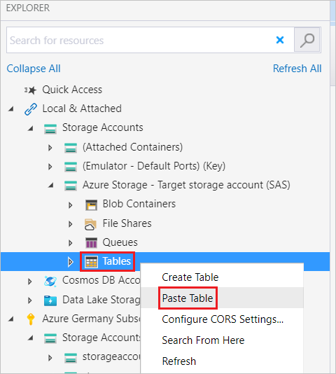 Paste table menu selected from target Azure Storage