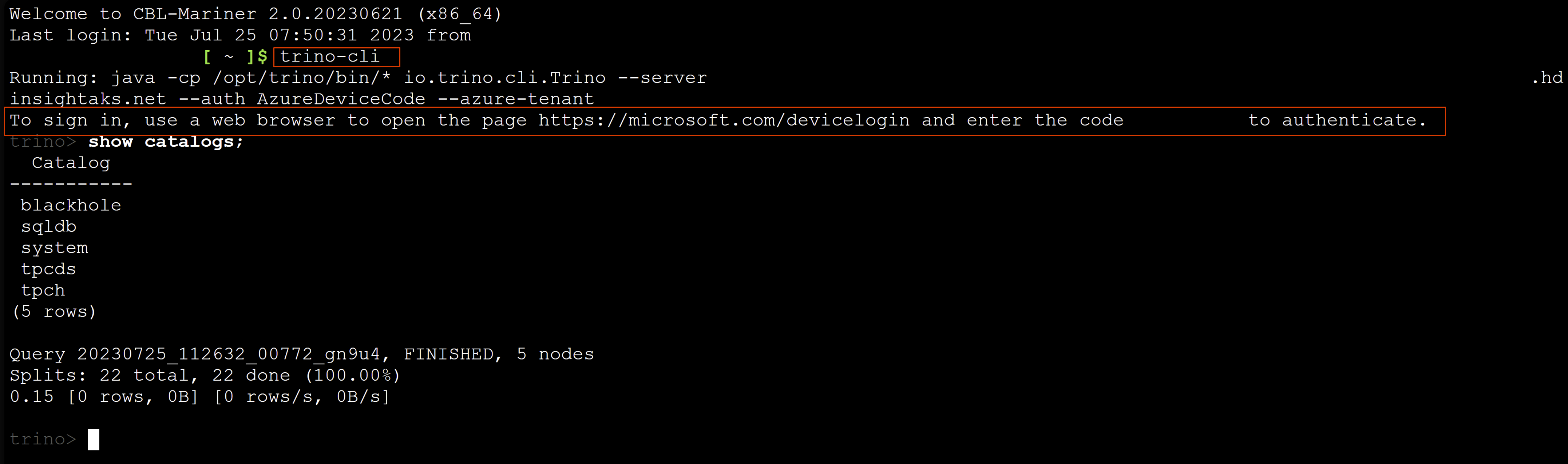 Screenshot showing login to trino CLI using Web SSH.