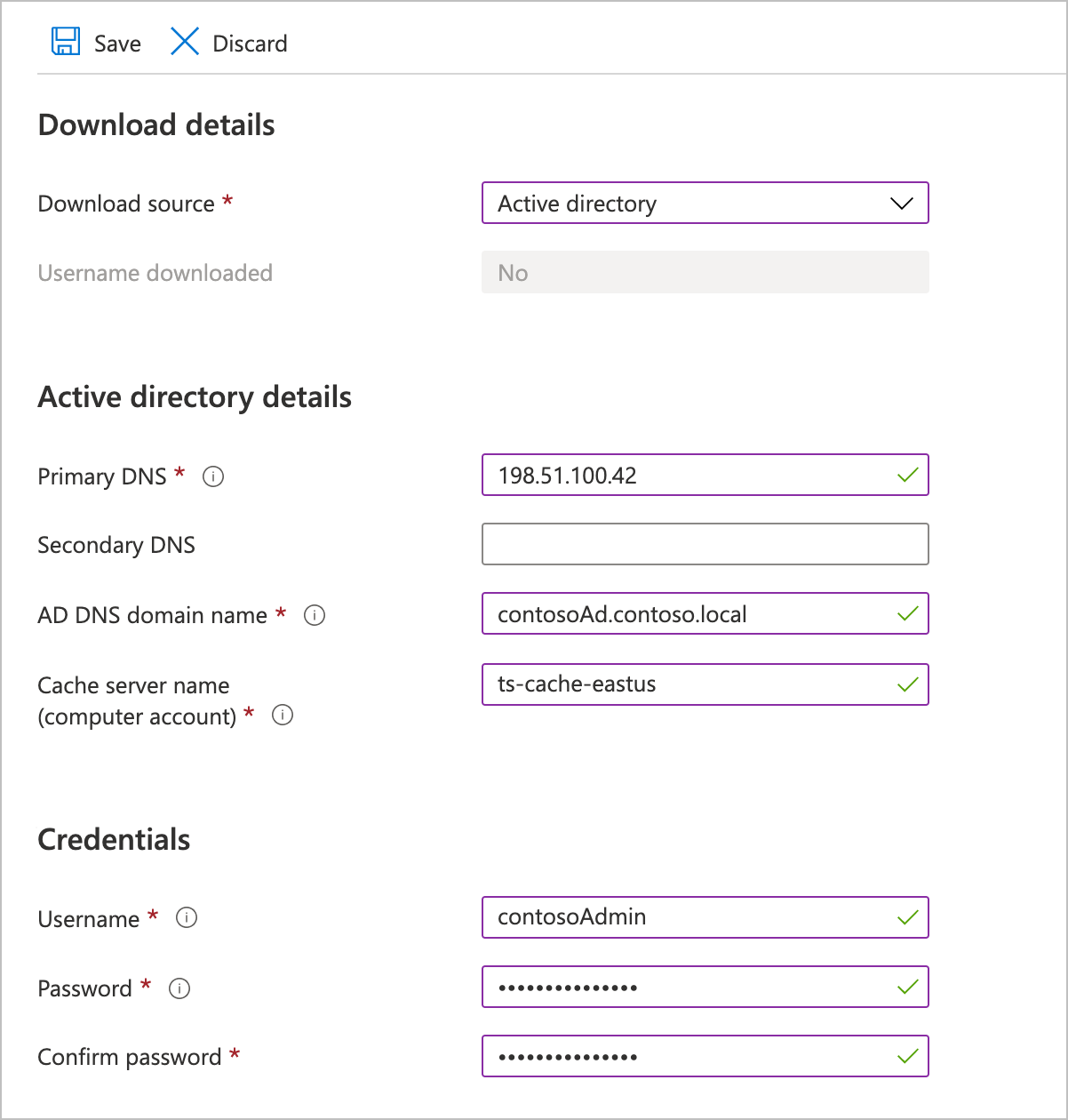 screenshot of Download details section with Active Directory values filled in