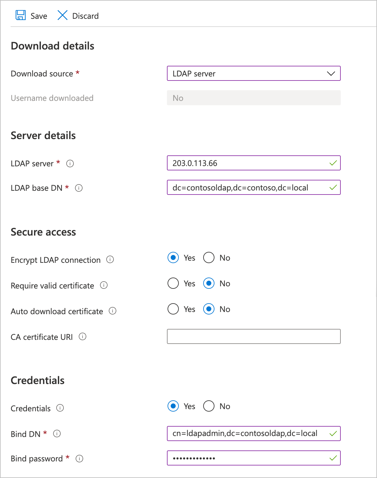 screenshot of the LDAP configuration area of the directory services page settings page