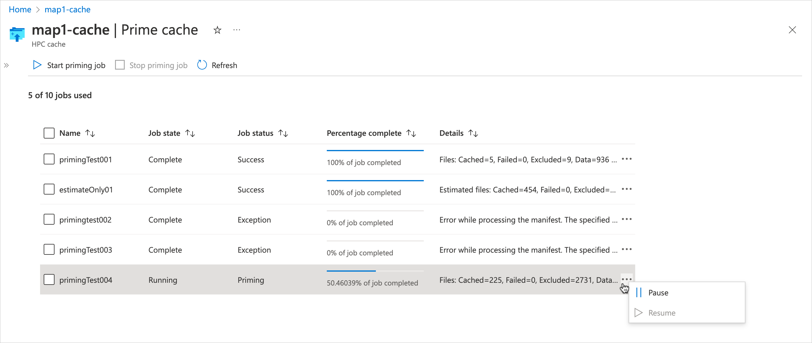 screenshot of the priming jobs list in the portal, with jobs in various states (running, paused, and success). The cursor has clicked the ... symbol at the right side of one job's row, and a context menu shows options to pause or resume.