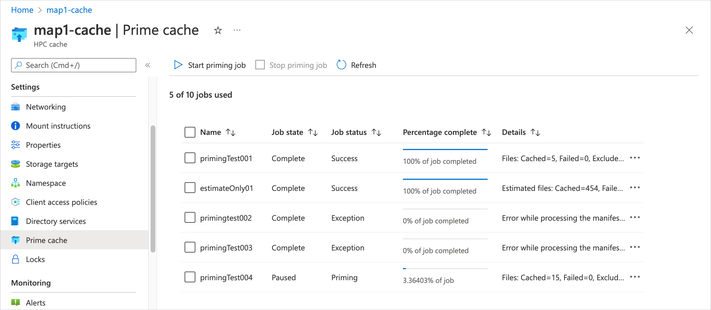 screenshot of the Priming page in the portal, with several jobs in various states.