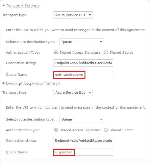 Specify Transport settings for the send agreement