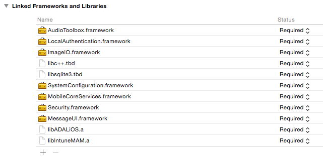 Intune App SDK iOS - linked frameworks and libraries