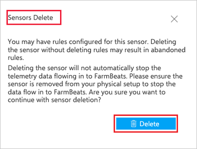 Screenshot that highlights the Sensors Delete page and the Delete button.