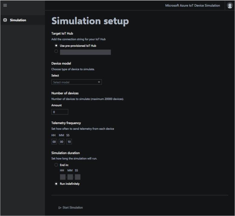 Screenshot that shows the device simulation solution dashboard.