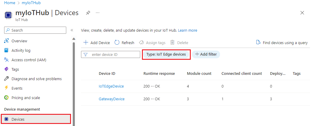 Screenshot of how to view your devices in the Azure portal, IoT Hub.