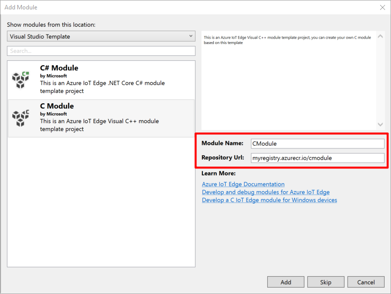 Screenshot of the "Add Module" pane for configuring your project.