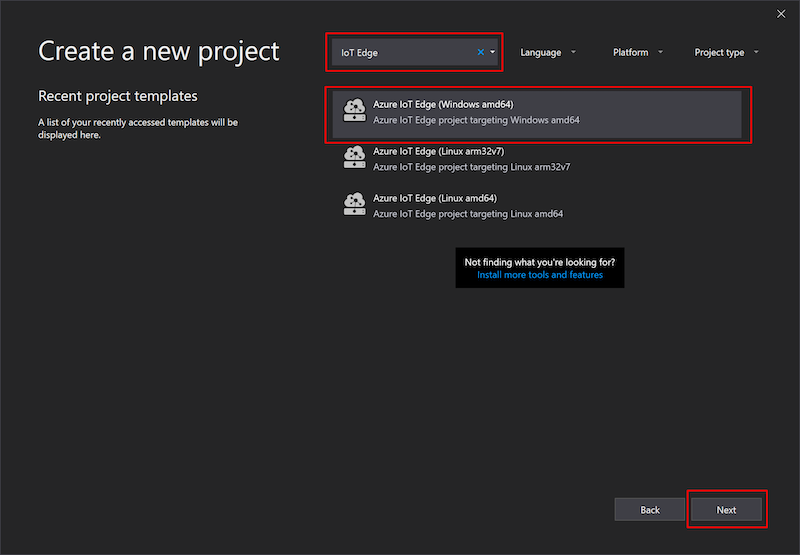 Screenshot of the IoT Edge "Create a new project" pane.