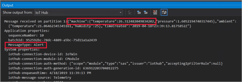 Screenshot of the Output window displaying messages that are arriving at the IoT hub.