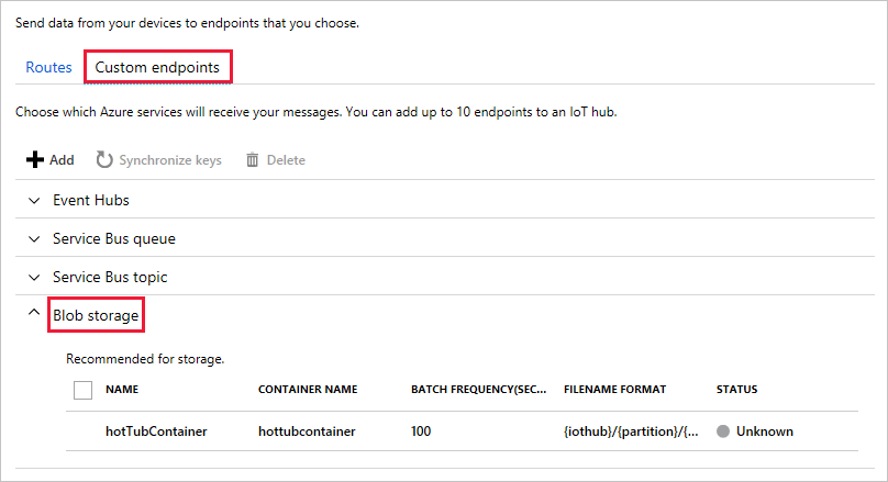 Screen capture showing the Custom endpoints tab from the Message Routing working pane for an IoT hub in the Azure portal, highlighting the Blob storage section.