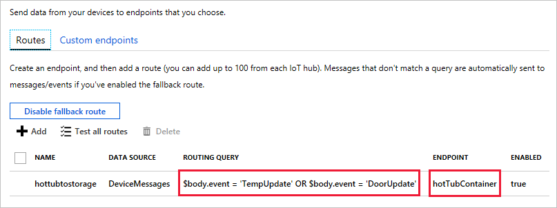 Screen capture showing the routes tab from the Message Routing working pane for an IoT hub in the Azure portal, highlighting the routing query and endpoint for a route.