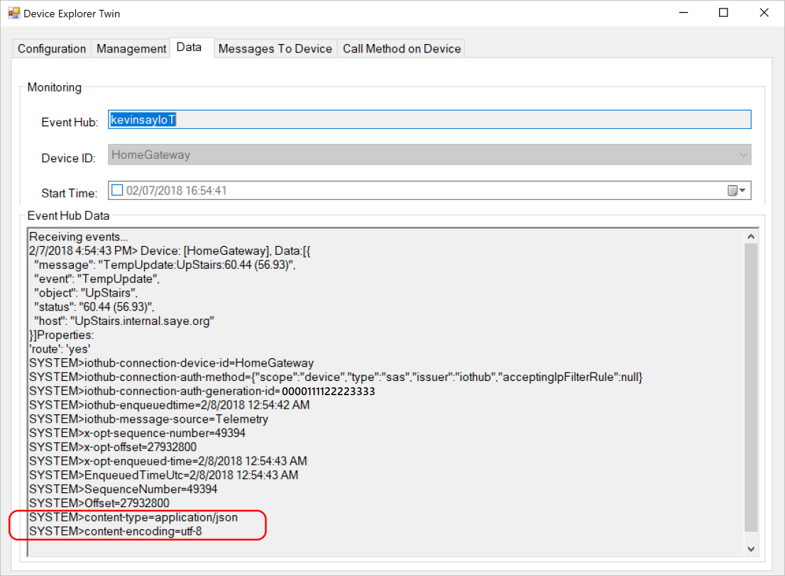 Screenshot of the Data tab from Device Explorer, highlighting the content-type and content-encoding attributes of a message.