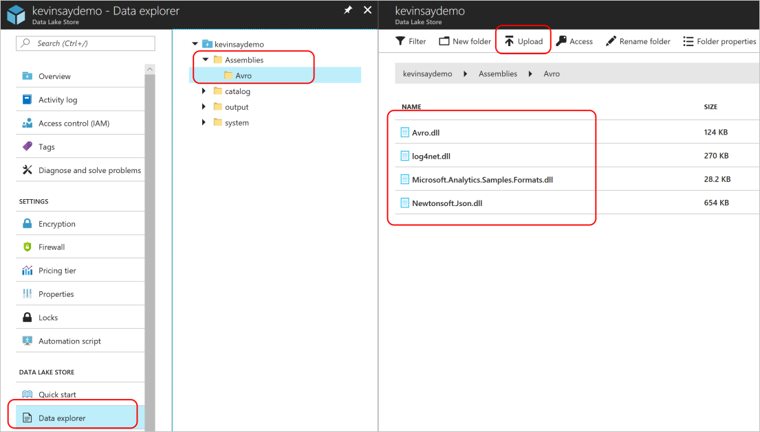 Screenshot of the Data explorer pane from Data Lake Store, highlighting four uploaded DLL files.