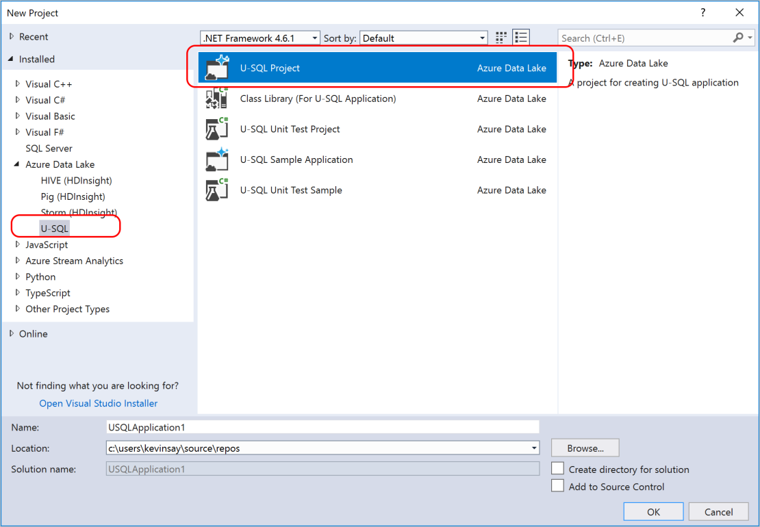Screenshot of the New Project dialog from Visual Studio, highlighting the U-SQL Project template.