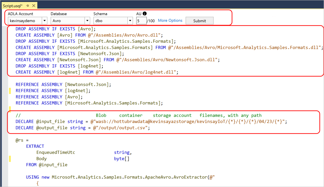 Screen capture of the U-SQL editor in the working pane of Visual Studio for a U-SQL script, highlighting the three sections to be modified.
