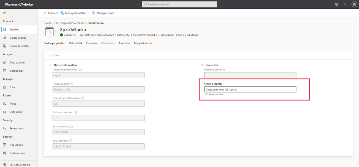 Screenshot that shows the writable property in IoT Central.