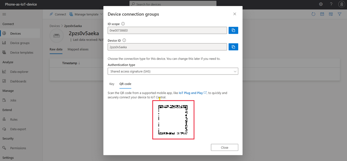Screenshot showing the device connection page with the QR code.