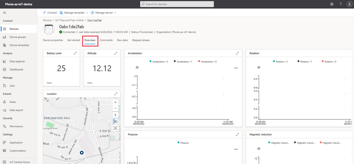 Screenshot of the device overview page in IoT Central that shows the telemetry from the smartphone sensors.