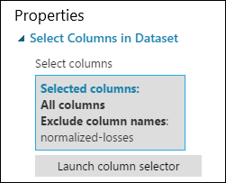 The properties pane shows that the "normalized-losses" column is excluded