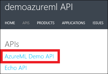 Screenshot shows the Azure M L Demo A P I link.