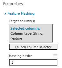 Screenshot shows Properties with Feature Hashing selected and you can enter Hashing bitsize.