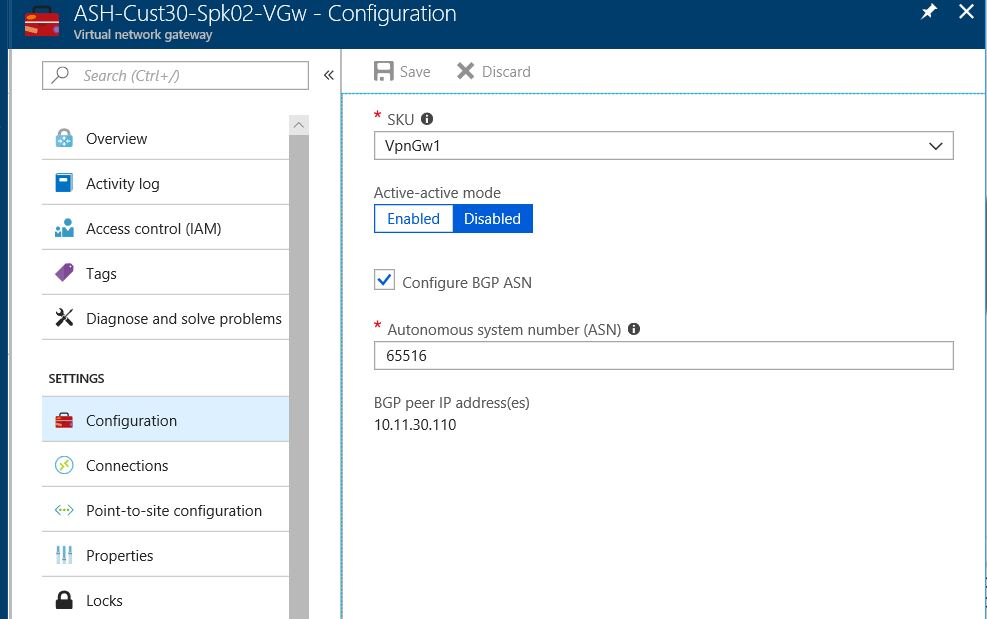 Screenshot of VPN Gateway configuration of a branch virtual network.