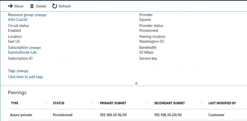 Screenshot of ExpressRoute 1 configuration.