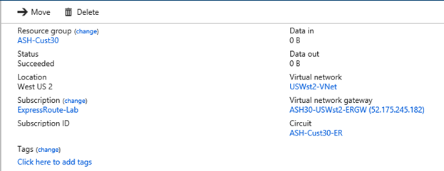 Screenshot of connection configuration of ExpressRoute 2 to a remote virtual network ExR gateway.