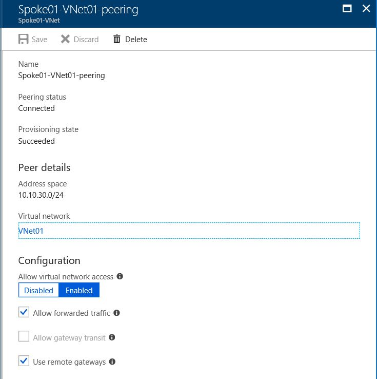 Screenshot of spoke virtual network's peering.