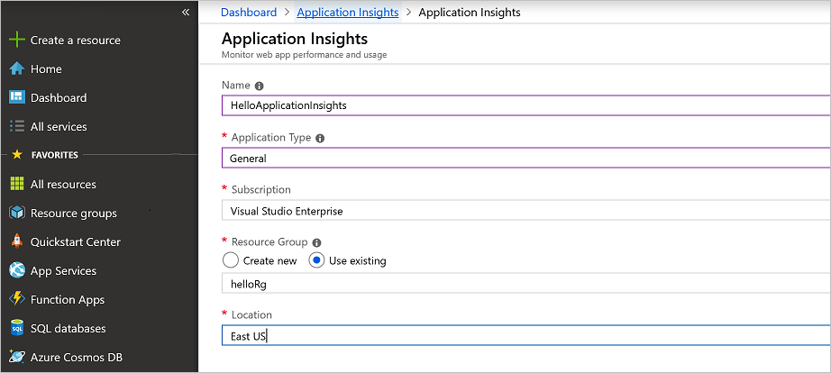 Create an Application Insights instance