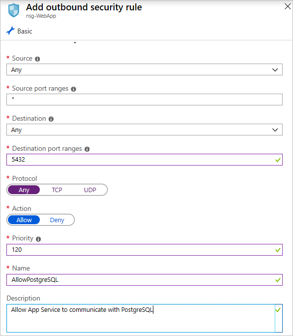 Rule to allow outbound PostgreSQL connections