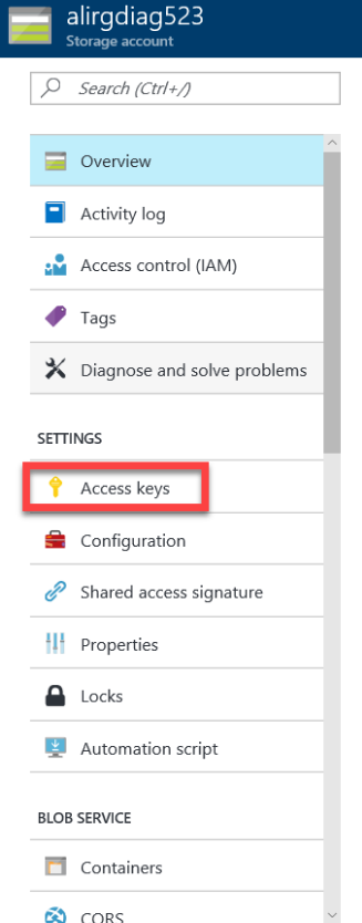 Screenshot that shows the Access keys option in the menu