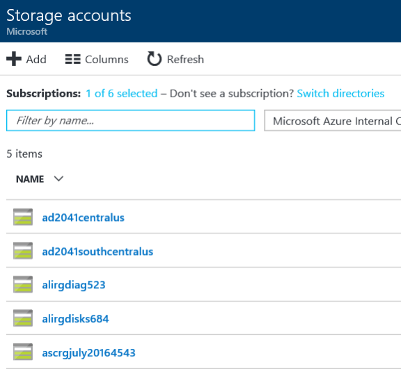 Screenshot that shows a list of storage accounts