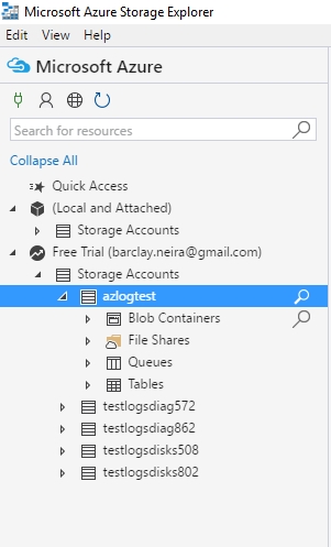 Screenshot of storage accounts in Storage Explorer