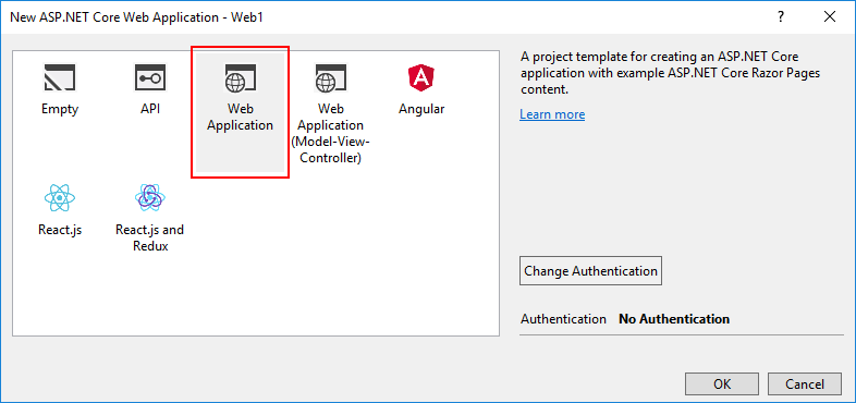 Visual studio new ASP.NET core application