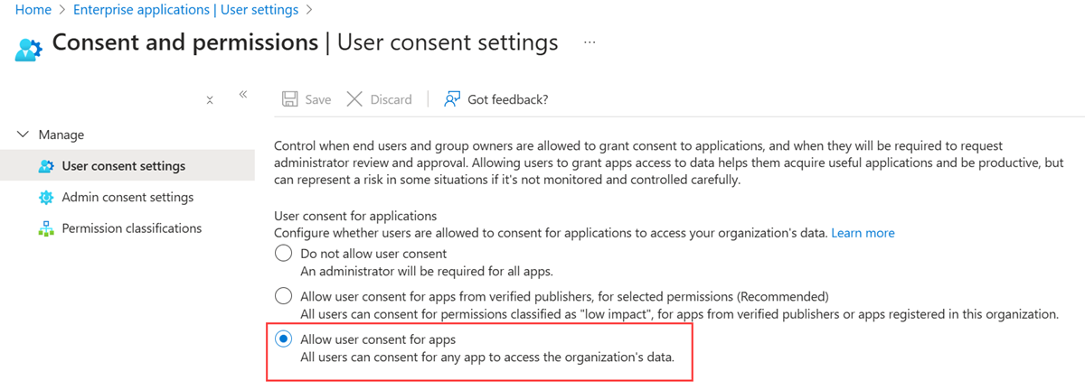 A screenshot showing if users can grant consent to applications for just their user.