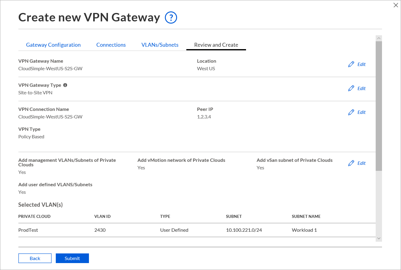 Site-to-Site VPN gateway review and create