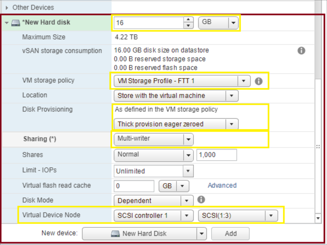Screenshot that highlights the fields needed to create disks on the first VM.