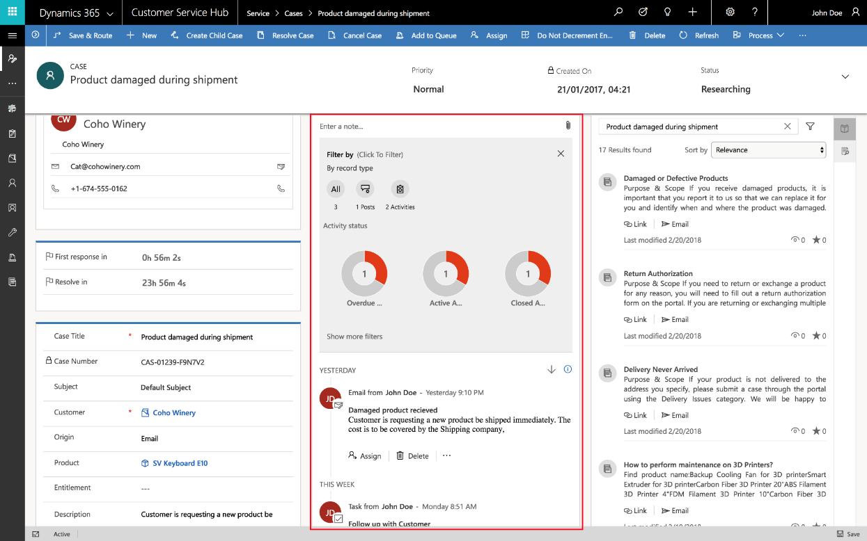 A screenshot of a customer activity timeline on the case dashboard