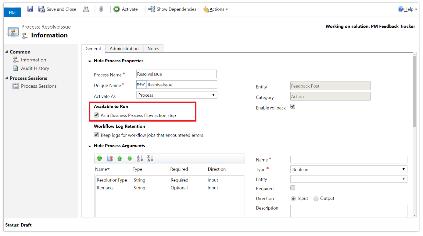 A screenshot showing 'available to run as a business process flow' configuration A screenshot showing "available to run as a business process flow" configuration
