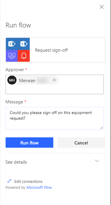 A screenshot showing that users can pick one or more approvers and send them a message before running flow A screenshot showing that users can pick one or more approvers and send them a message before running flow