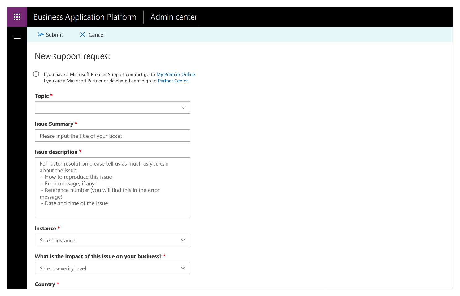 A screenshot of a new support request form