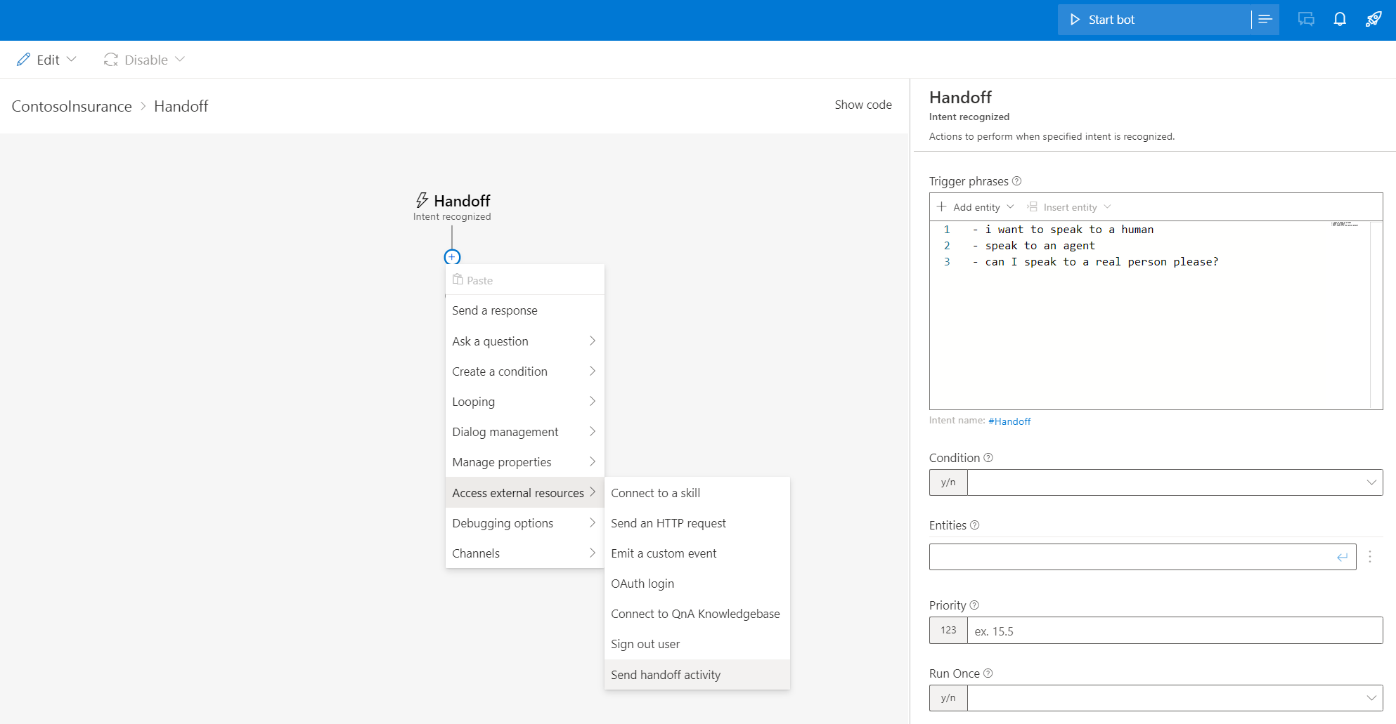 Adding a Send a Handoff Request action within a trigger for handoff