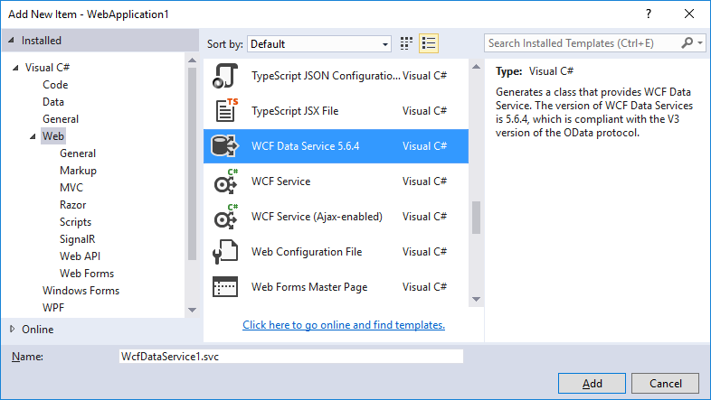 WCF Data Service item template in Visual Studio 2015