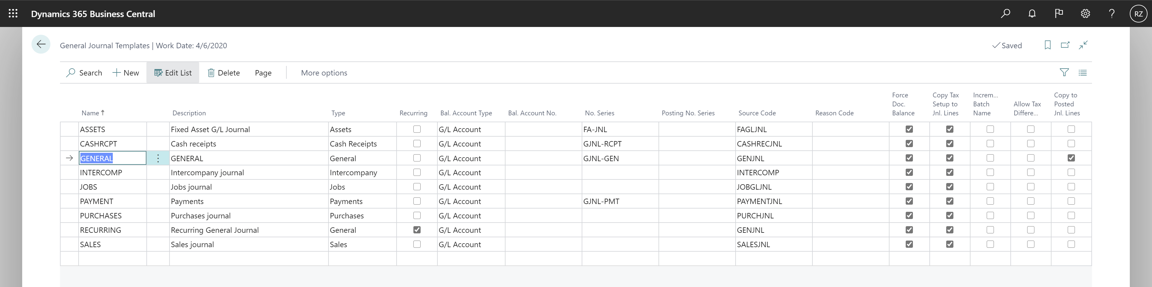 Shows General Journal Templates with Copy to Posted Jnl. Lines field Shows General Journal Templates with Copy to Posted Jnl. Lines field