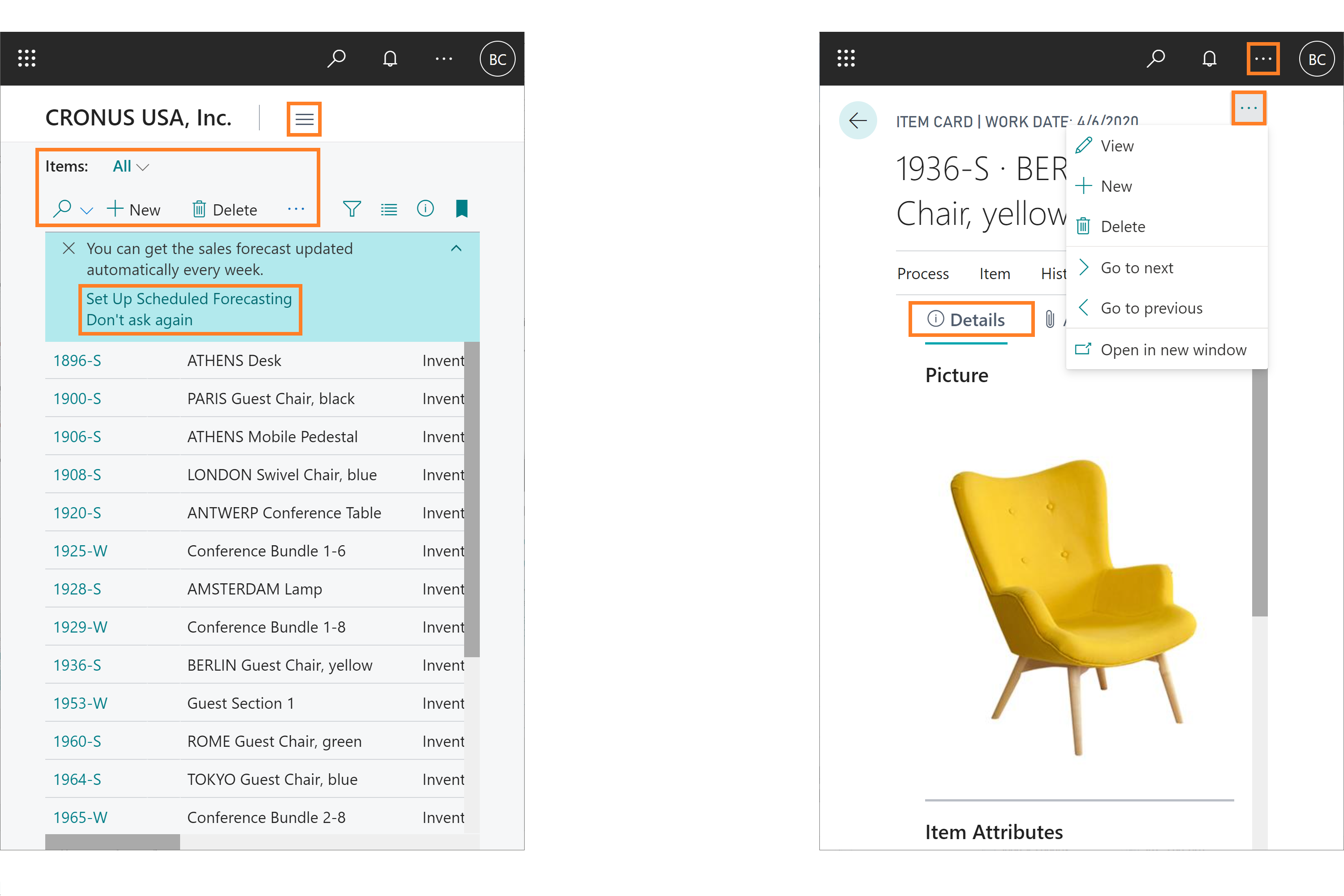 A list and card page at reduced width, annotated to indicate key differences A list and card page at reduced width, annotated to indicate key differences